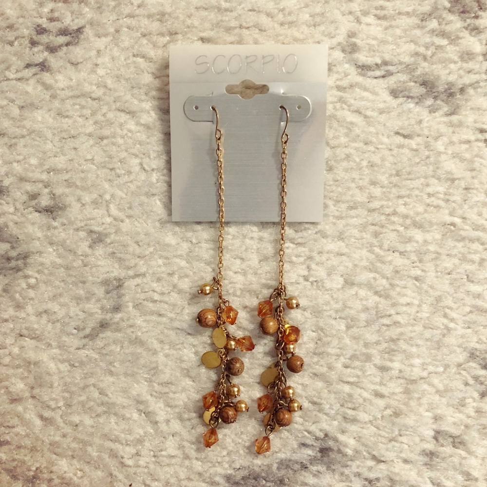 Long gold, brown & orange beaded drop earrings